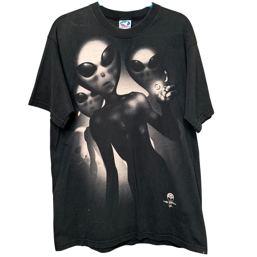 Vintage 1996 Liquid Blue Alien UFO Graphic T-Shirt AOP Black Mens Large USA Made